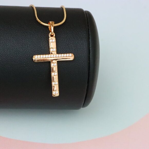 "Rose Gold Cross Pendant with CZ Stripes in Geometric Modern Design, XPPT1821 - Picture 6 of 12